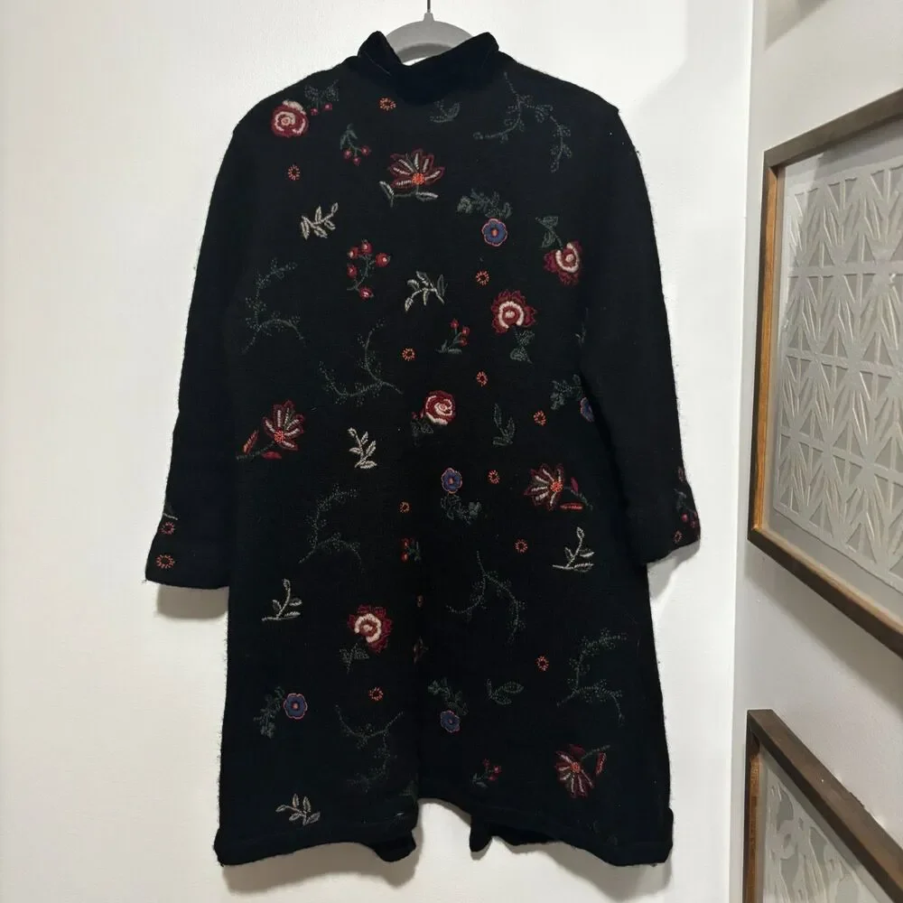 Sarah Spencer‎ Embroidered Wool Long Jacket Coat Artsy Whimsigoth L